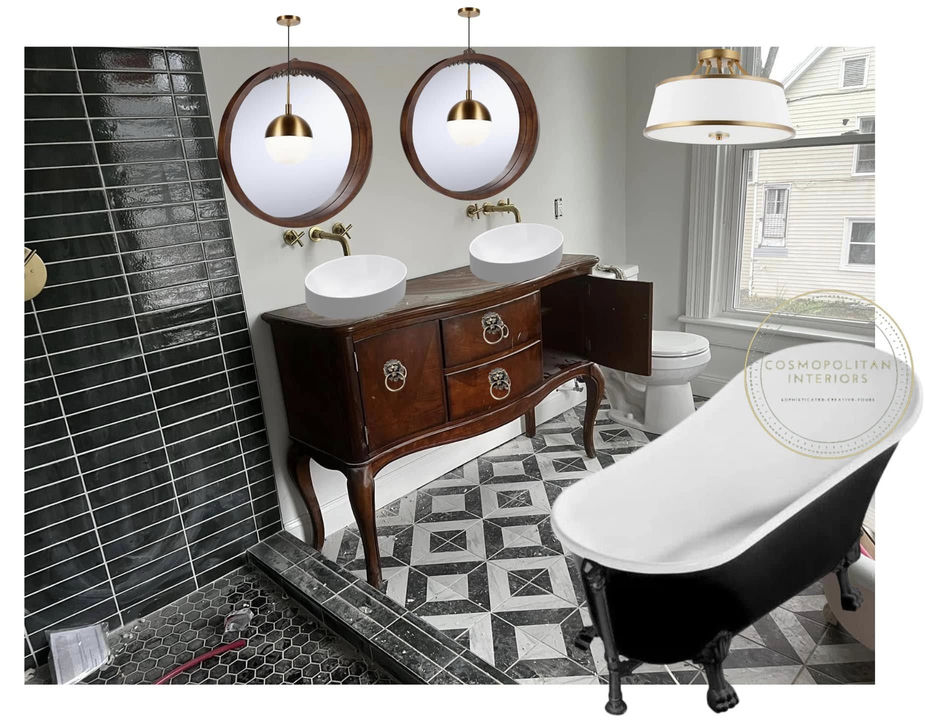 Luxury bathroom with antique vanity and clawfoot tub — real project by Cosmopolitan Interiors Richmond VA