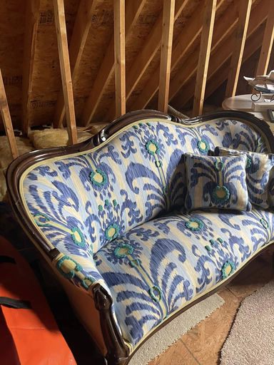 Victorian loveseat with blue floral ikat upholstery — Cosmopolitan Interiors vintage styling